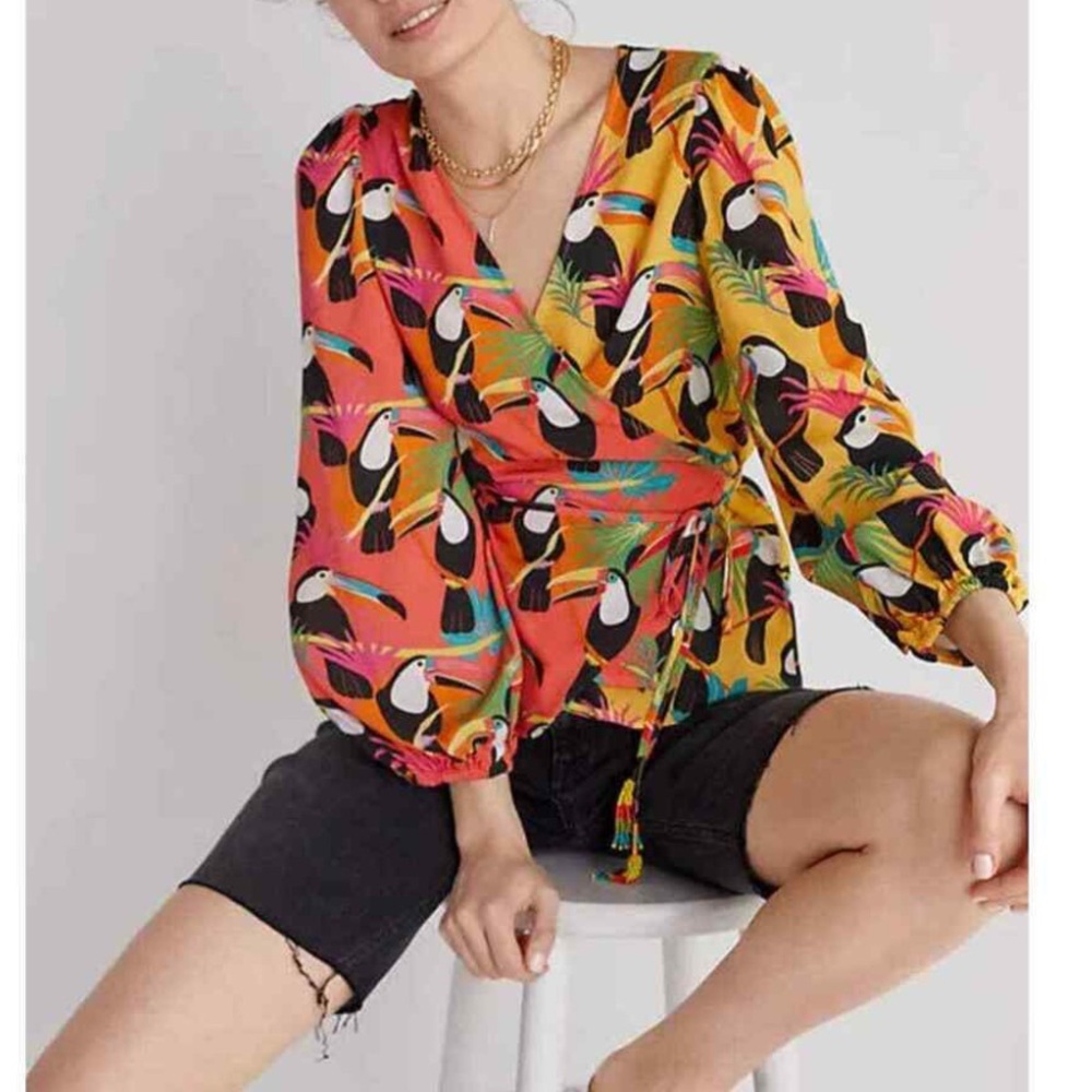 Farm for Anthropologie by Farm Rio, Tropical Print Wrap Top, Size Large, NWOT